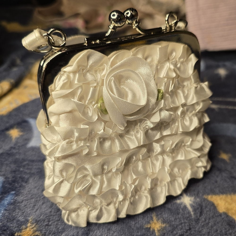 Toby NYC Toddler Wedding Flower Girl White Rose Mini Clutch Purse w/ Ruffles
